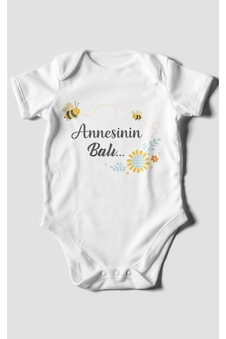 Morivokids Annesinin Balı Kısa Kollu Bebek Body %100 Pamuk Beyaz