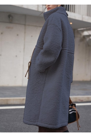 Peluş Beli Bağcıklı Kışlık Kadın Fermuarlı Astarlı Tüylü Ceket 001