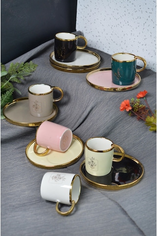 6 Lı Gold Detaylı Porselen Türk Kahvesi Fincan Takımı Pastel Renkli, Çiçek Desenli Fincanı Seti Çok Renkli