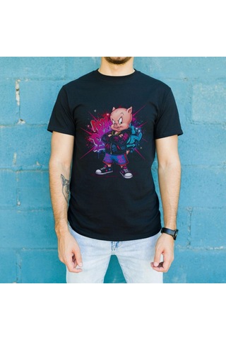 Freedom Store Porky Pig Graffiti Baskılı Unisex Siyah Oversize Tişört - 24/1 Penye