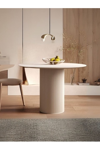 Vintage Yuvarlak Ahşap Bohem Masa 130x130 Krem