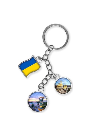 Ukrayna Üçlü Epoksi Metal Çift Taraflı Damla Anahtarlık Ukraine Gümüş