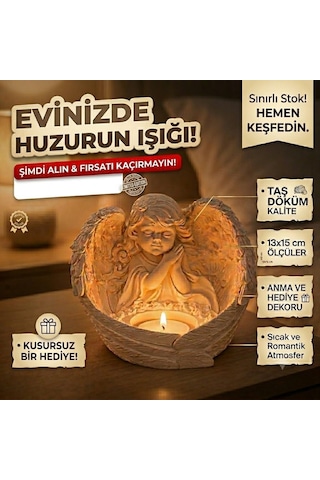 Melek Figürlü Dilek Tutan Tealight Mumluk, Taş Döküm, 13x15 Cm, Dekoratif Anma Ve Hediye Dekoru İçin Çok Renkli