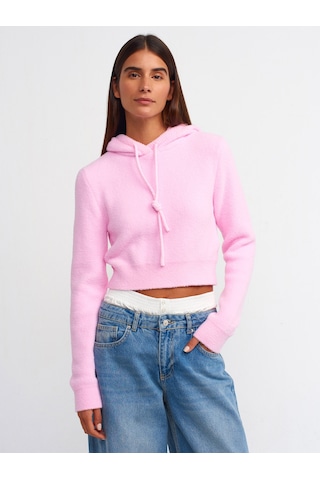 Dilvin Yumuşak Dokulu Kapşonlu Crop Kazak Pembe
