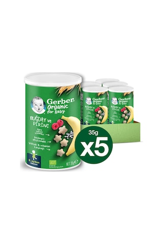 Gerber Organik Pirinçli, Buğdaylı, Muzlu ve Ahududulu  Bebek Atıştırmalığı 35 gr x 5 Adet
