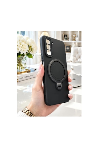 İnfinix Hot 70 4g İle Uyumlu 360 Derece Dönebilen Kalın Metal Magsafe Halka Stantlı İçi Kadife Korumalı Ultra Lüx Premium Silikon Kılıf Siyah