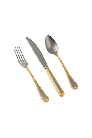 Hisar İnfinity 84 Parça 12 Kişilik Çatal Kaşık Bıçak Takımı Eskitme Dekor Altın Inox