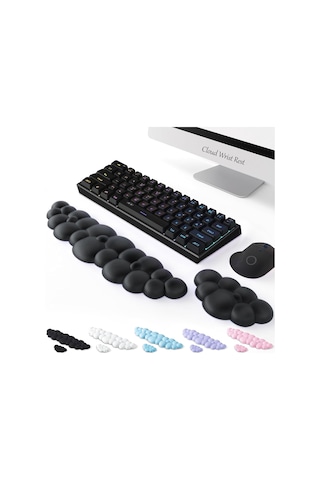 Hombey Ergonomik Klavye Bilek Destekçisi - Yavaş Geri Sayan Hafıza Pamuk - Siyah Bulut Desenli Bilek Yastığı + Klavye Matı