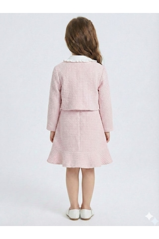 Xo Kids Bebe Yakalı Pudra Fiyonklu Tüvit Kız Çocuk 3lü Ceketli Elbise Takmı 2-7 Yaş 4421 Pembe
