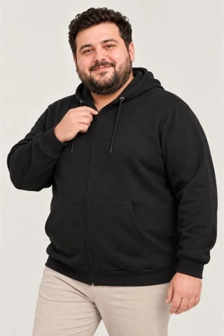 Butik İstanbul Erkek Battal Büyük Beden Üç İplik İçi Şardonlu Kapüşonlu Tam Fermuarlı Kışlık Sweatshirt - Siyah