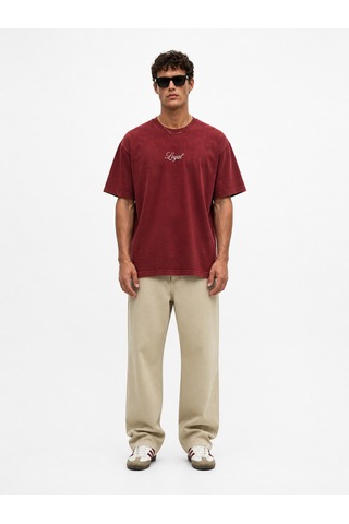 Respire Erkek Nakış Detaylı Yıkamalı Oversize T-shirt Bordo