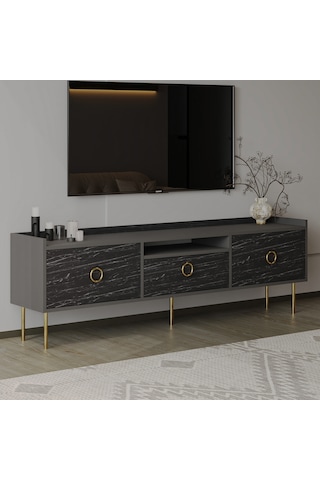 T0015 Lidya Kapaklı, Açık Raflı Tv Sehpası - Antrasit/siyah Mermer Antrasit/siyah Mermer