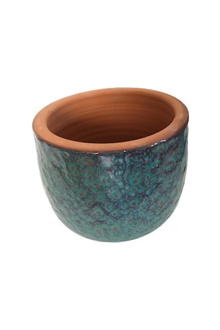 Özel Yapım Bordo Turkuaz Renk El Yapımı Toprak Saksı - 15 15 Cm