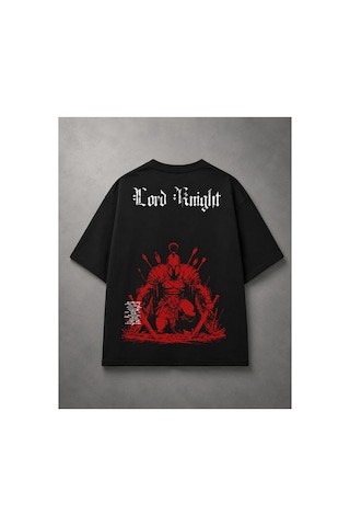 Yolo Street Lord Knight Oversize Siyah Tişört Kırmızı Şövalye Baskılı Unisex Streetwear %100 Pamuk Siyahg1gg