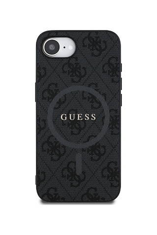 Apple iPhone 16e Uyumlu Kılıf Guess Lisanslı M safe Pu Halkalı 4g Desenli Yazı Logolu Kapak Siyah