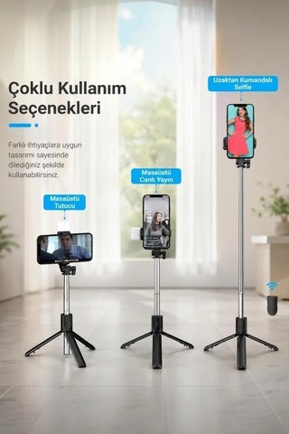 Telefon Aleti Kayıt Aksesuarı Tripod Çok Amaçlı Kumandalı Kablosuz Selfie Çubuğu S03 Siyah