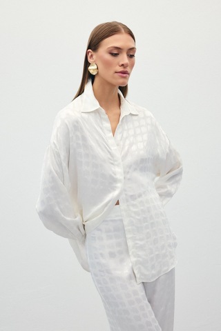 Sateen Jakarlı Saten Gömlek - Ekru-136231 Ekru
