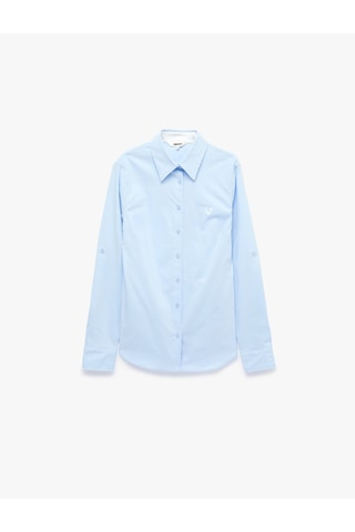 Koton Pamuklu Slim Fit Nakış Detaylı Uzun Kollu Poplin Gömlek Mavi 7wak60154uw