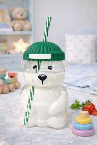 Bearista Ayıcık Pipetli Borosilikat Bardak 580 Ml Yeşil Soğuk İçecek & Kahve Yeşil