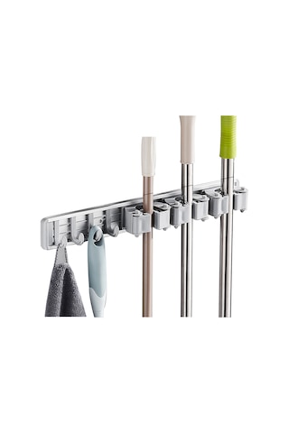 Gajeena 40cm Gri Uzay Alüminyum Süpürge Tutucu, 4 Kanca, Delme/delmesiz Montaj, 12kg Yüklenme Kapasitesi, Banyo/mutfak Uygun Gri
