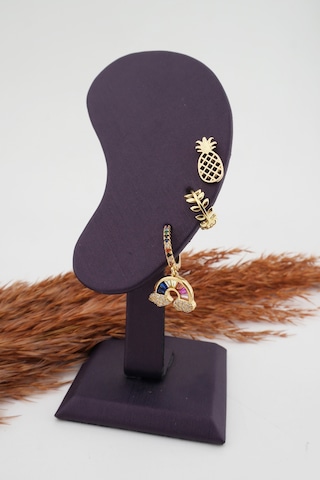 Kadın Kararmaz Gökkuşağı Detaylı Zirkon Küpe Set Altın-M Altın