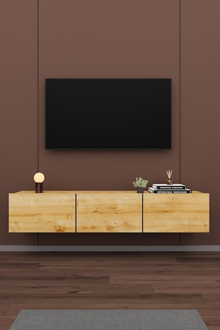 Modern Duvara Monte Tv Ünitesi %100 Mdf Kapaklı Televizyon Sehpası T-27 Safir Meşe Safirmeşe