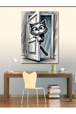 Kanvas Tablo Meraklı Kedi Ve Kapı Sürprizi 100cmx140cm