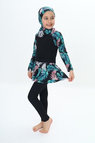 My Kids Wear Üç Parça Kız Çocuk Haşema, Tesettür, Etekli, Kapalı Mayo Mor - Lacivert