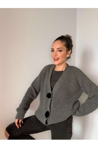 Ali Butik Antrasit Gül Motif Detaylı Triko Hırka Antrasit