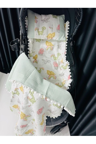 Dino 90 100 Çift Katlı Pikeli Müslin Battaniye Yastık Ve Alt Açma 3 Lü Set - Yeşil Yeşil