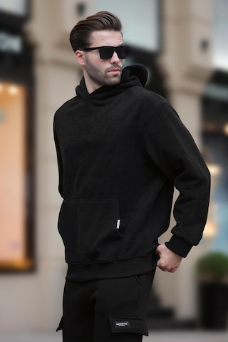 Madmext Siyah Kapüşonlu Cep Detaylı Polar Erkek Sweatshirt 7093 Siyah