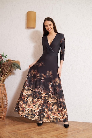 Darlin Moda Siyah Kruvaze Kahverengi Çiçek Desenli Abiye Elbise Dm1013