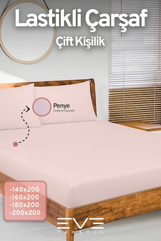 Eve Tekstil Fitted Yüksek Kaliteli Penye Kumaş Çift Kişilik Lastikli Çarşaf Pembe
