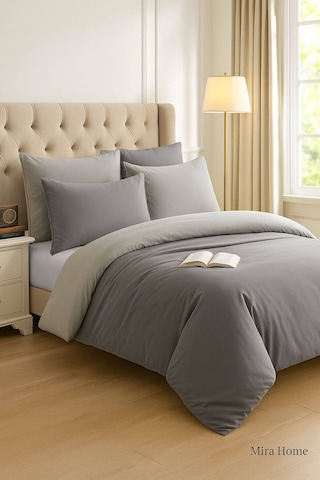 Çift Kişilik Nevresim Takımı Pamuklu Çift Taraflı Lastikli Çarşaflı Antrasit