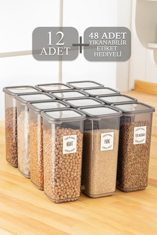 Meleni Home 12'li Pino Etiketli Mega Boy Baharatlık Seti - Kapaklı Kare Baharat Takımı Saklama Kabı 12x1700 Ml
