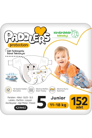 Protection Bebek Bezi 5 Numara Junior (11-18 Kg) 152 Adet – Ekstra Jumbo Set, Maksimum Koruma