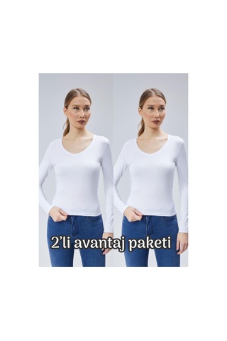 Virago 2'li Soft Touch V Yaka Uzun Kol Bluz/body Beyaz - 687153486 Beyaz - 687153486 Beyaz