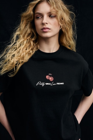 Grımelange Tılorıa Kadın Organik Pamuklu Baskılı Bisiklet Yaka Regular Fit Siyah T-shirt Siyah
