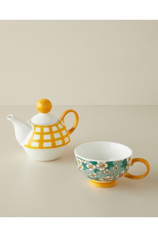 Country Whisper New Bone China Demlik Seti 380 260 Ml Yeşil-sarı