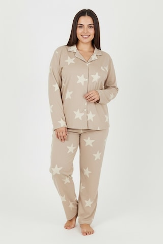 Bravie Luxury Soft Bej Yıldız Desenli Uzun Kollu Kadın Pijama Takımı Büyük Beden 3011 Bej