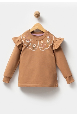Overdo Kids Fırfırlı Yakası Çiçek Nakışlı 2 İplik Uzun Kol Kız Çocuk Sweatshirt Kahverengi