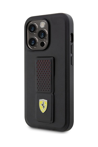 Apple Uyumlu iPhone 14 Pro Kılıf Ferrari Lisanlı Klasik Metal Logolu Delikli Standlı Deri Kapak Siyah
