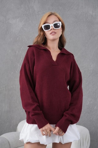 Park Karon Kadın Bordo Polo Yaka Oversize Yarım Pat Yumuşak Dokulu Triko Kazak 8585sw Bordo