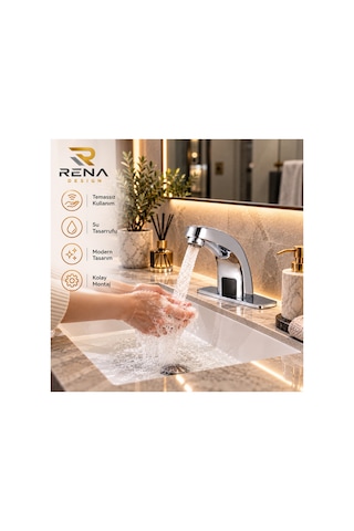 Rena Design Fotoselli Sensörlü Krom Lavabo Bataryasi Temassiz Otomatik Tasarruflu Modern Musluk Kuğu