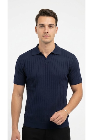 Erkek Polo Yaka Slim Fit Triko Tişört Dikey Çizgili Modern Yazlık Triko Lacivert