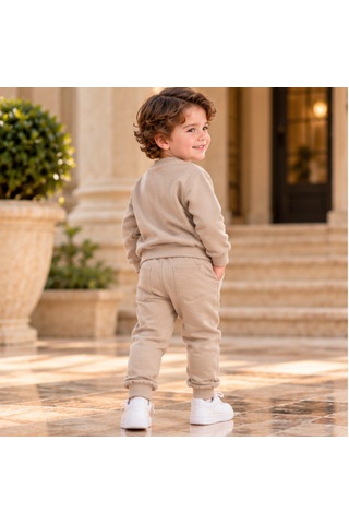 Maxx Kelın Erkek Bebek 2'li Takım Bej Dinozor Baskılı Sweatshirt Ve Pantolon 6-12-18-24 Ay