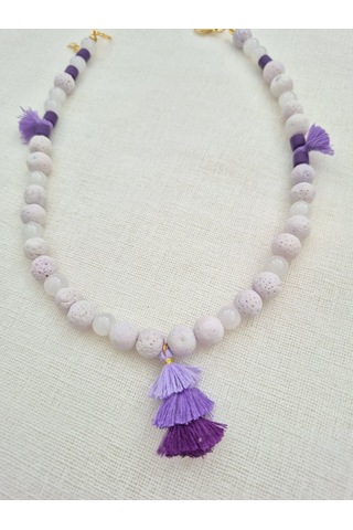 Lila Lav Taşlı Püsküllü Tasarım Kolye