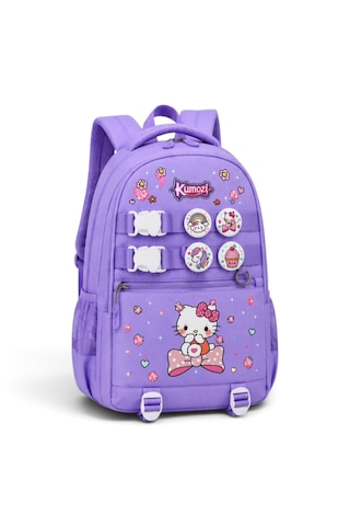 Hello Kitty Baskılı Özel Tasarım Ortopedik Su Geçirmez Cüzdanlı Okul Çantası Termal Beslenme Ve Kalemlik Seti Mor