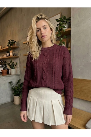 Sayzen Your Shine Saç Örgülü Basic Regular Triko Kazak Sy-2605 Bordo