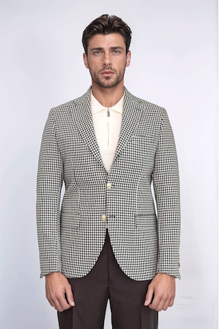 Siyah & Krem Kazayağı Desenli Gold Renk Metal Düğmeli Slim Fit Erkek Blazer Ceket - Wessi Cream